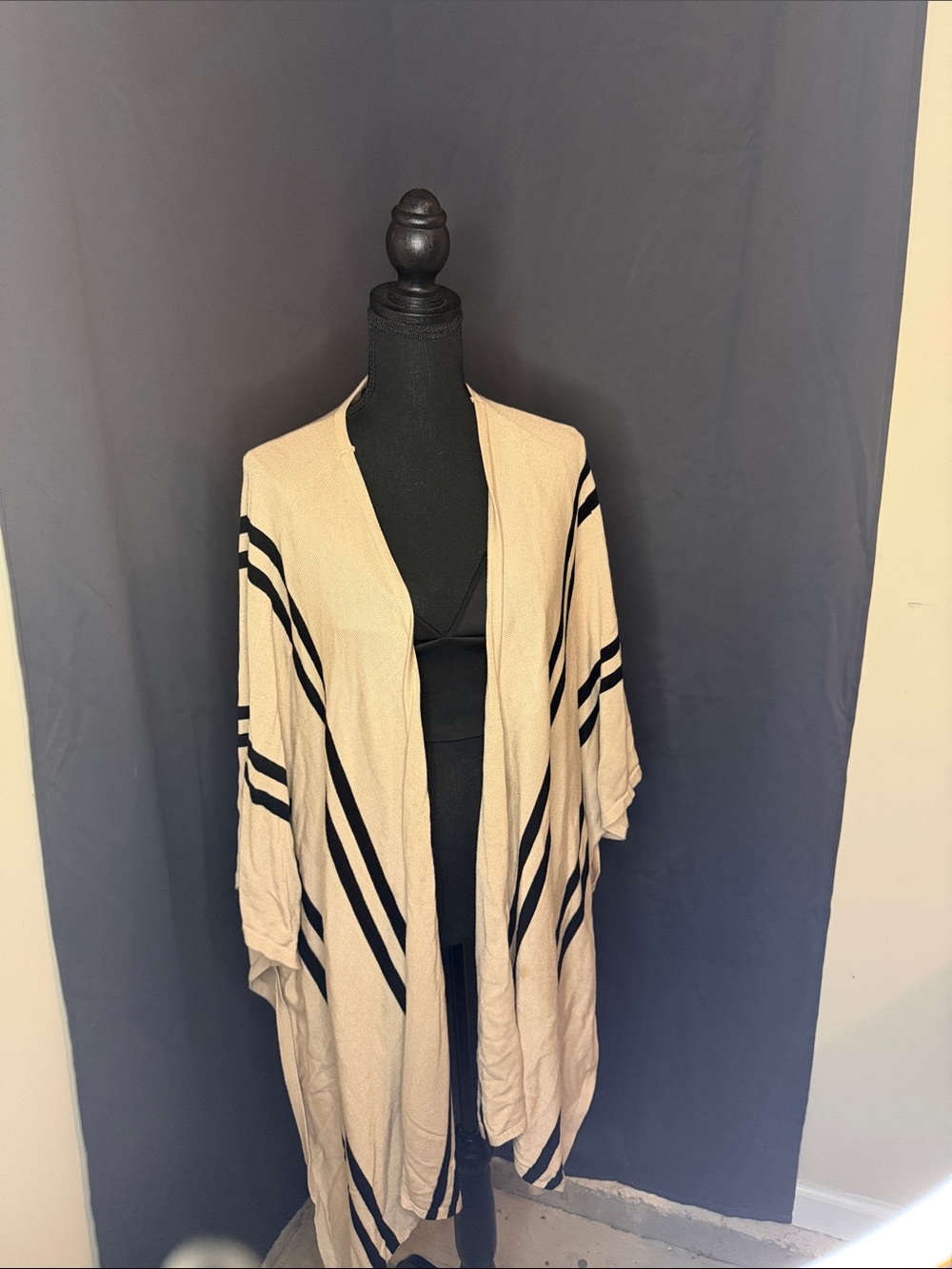 H&M Cream and Black Striped Open-Front Poncho